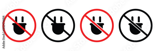 No Electric Plug Warning Icons – Power Restriction, Prohibited Socket and Safety
 Sign Vector Set
