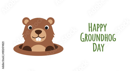 Groundhog character celebrating in hole with text "Happy Groundhog Day"  