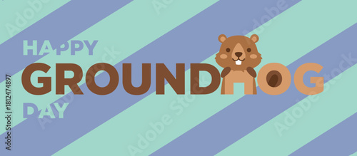 Groundhog character celebrating Groundhog Day with cheerful text  