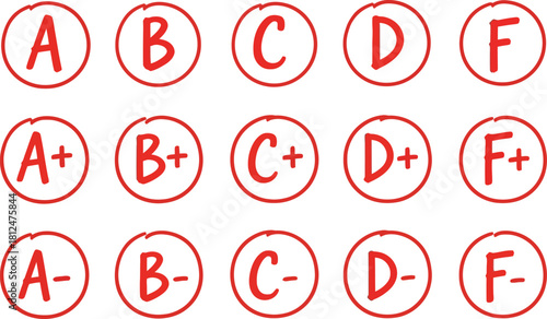 Handwritten letter grades in red circles on white
