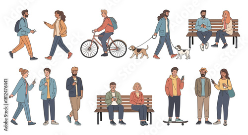 vector collection of people going about their daily lives in urban public spaces