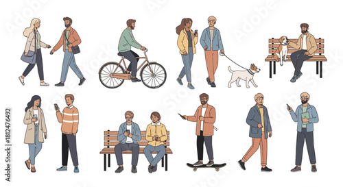 vector collection of people going about their daily lives in urban public spaces