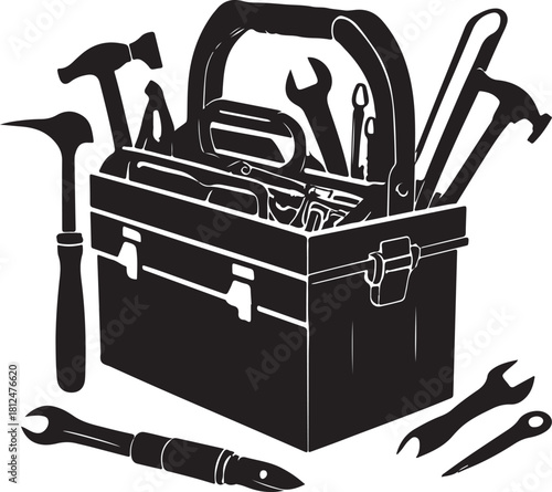 Black silhouette of a toolbox filled with various tools