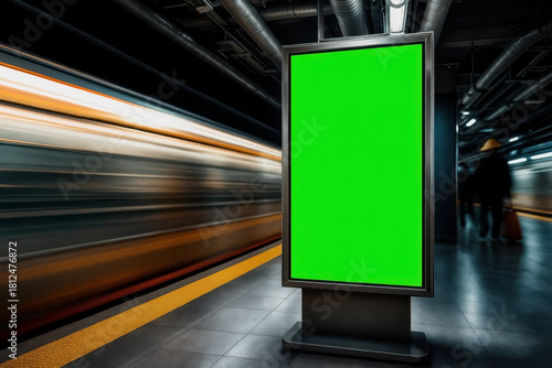Fototapeta Naklejka Na Ścianę i Meble -  Vibrant green advertising space at a bustling underground subway station