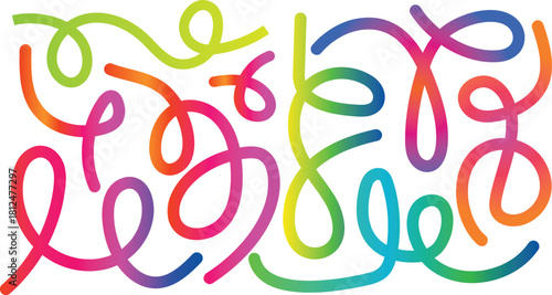 Abstract Gradient Color Line Waves Pattern. Vector Rainbow Ribbon Bg. 3D Swirl Graphic Elements Design. Wavy Organic Doodle Color Lines Set.