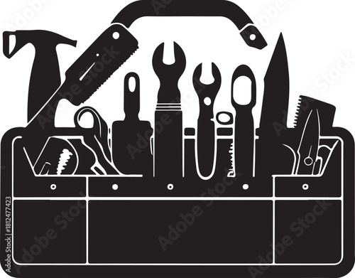 Black silhouette of a toolbox filled with various tools