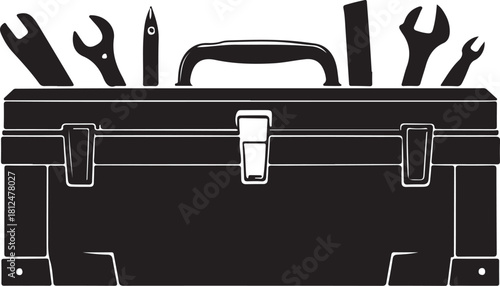 Black silhouette of a toolbox with wrenches and pliers