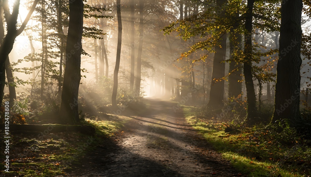 Obraz premium Golden light beams across tranquil autumn path high resolution photo