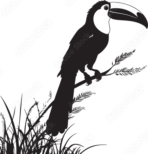 Black silhouette of a toucan perched on a branch with grass