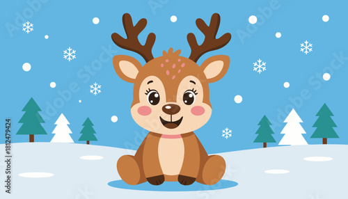 Cute cartoon reindeer sitting in snow with trees and snowflakes  