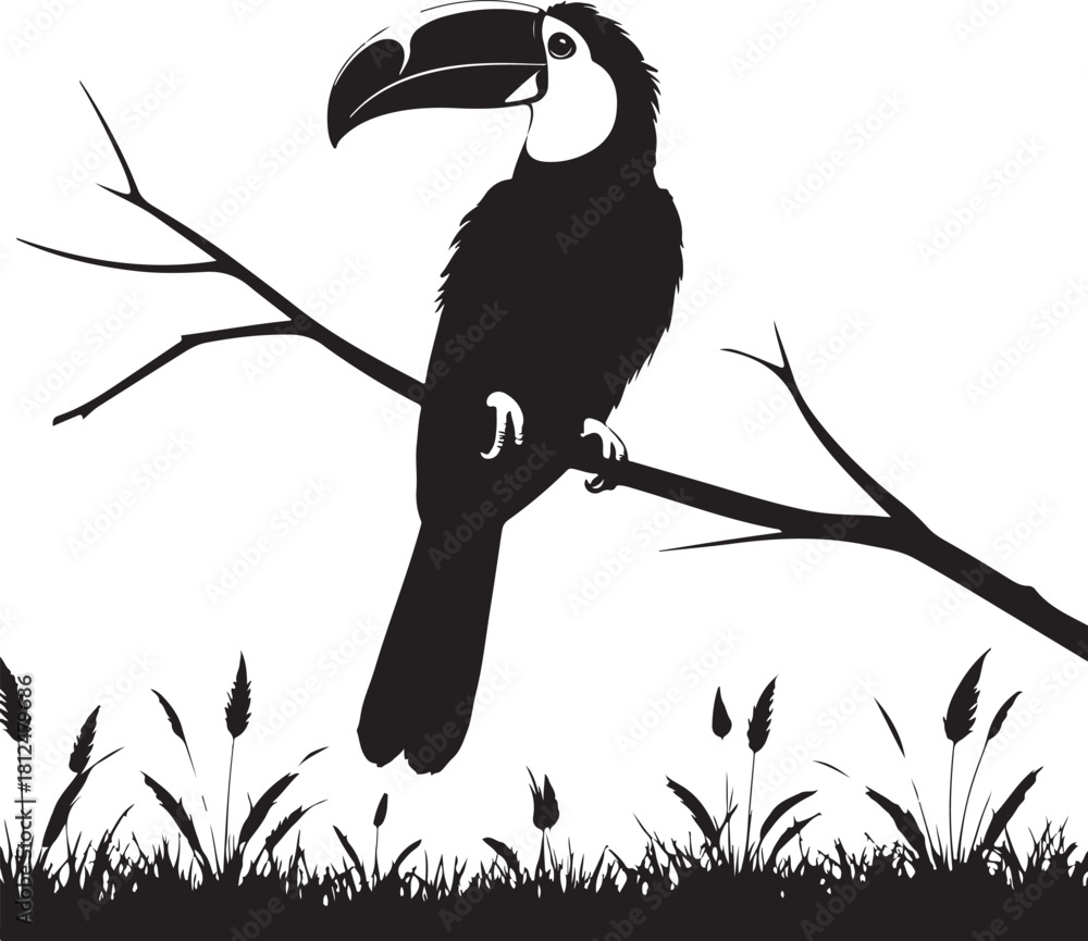Obraz premium Black silhouette toucan bird perched on a branch over grass