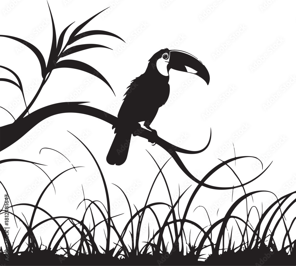 Naklejka premium Silhouette of a toucan perched on a branch with foliage and grass