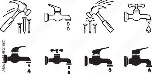 Icons of hammers and nails, and dripping faucets in line art and silhouette