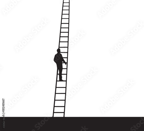 Silhouette of person climbing tall ladder against white background