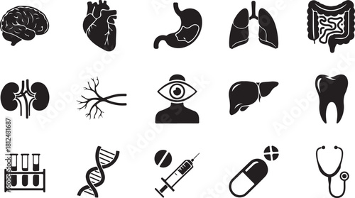 Medical and anatomical icons: brain, heart, lungs, stomach, kidneys, DNA, and more