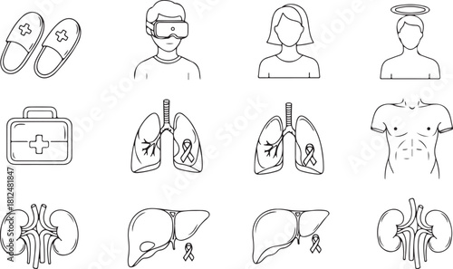 Medical Icons: Lungs, Liver, Kidneys, First Aid, People, and Slippers