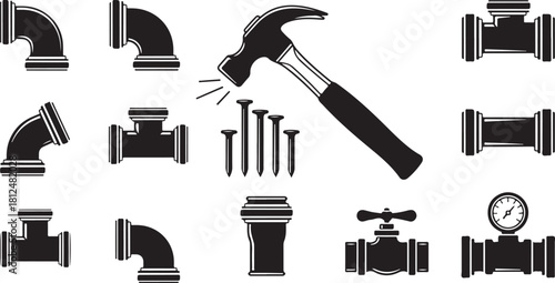 Plumbing and Construction Tools: Pipes, Hammer, Nails, and Valve Icons