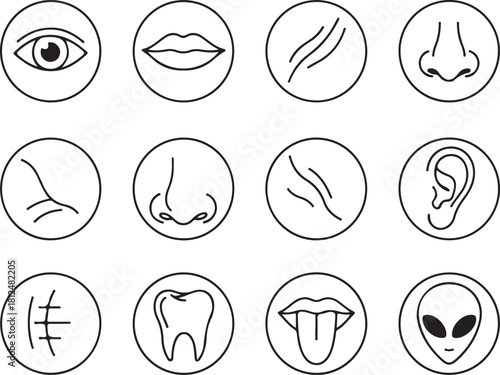 Set of Icons Representing Human Senses and Anatomy, Including an Alien