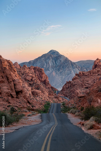 Winding scenic byway + sunset & blue hour over the red sandstone formations - Valley of Fire State Park - Nevada