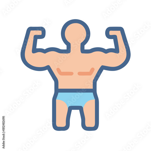 Cartoon illustration of a muscular figure flexing arms against a black background