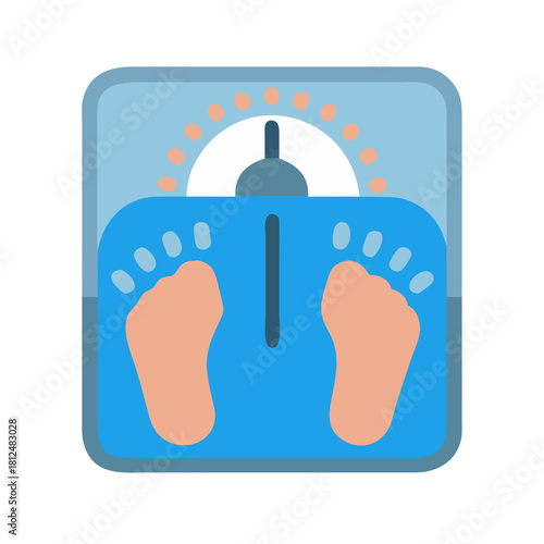 Illustration of a blue bathroom scale with feet; weight management concept