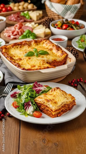 Whole lasagna in baking dish with portion on plate ready to serve, surrounded by various festive holiday appetizers on wooden table. Vertical video