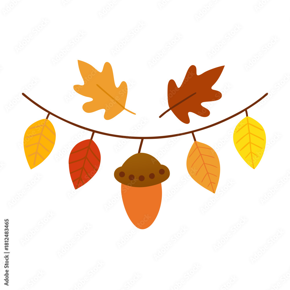 Obraz premium Charming autumn garland featuring colorful fall leaves and a central acorn illustration on a white background