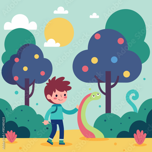 A cheerful young boy with a backpack encounters a friendly colorful serpentine creature in a whimsical outdoor landscape