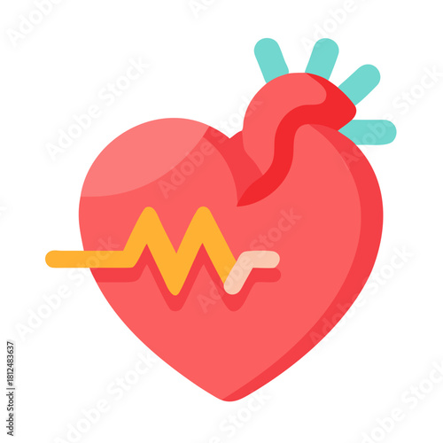 Stylized heart icon with pulse signal and arteries against black backdrop