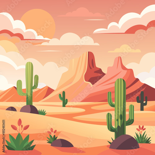Vibrant desert landscape with saguaro cacti and majestic rock formations under a warm sun and cloudy sky