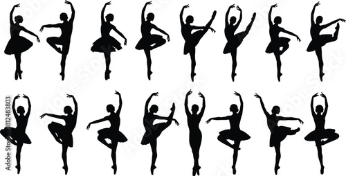 Set of black silhouettes featuring elegant ballerinas dancing in tutus, performing various classic poses, vector illustration collection isolated on white background.
