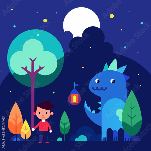 Friendly blue dinosaur walks with a boy under the moonlight in a whimsical forest