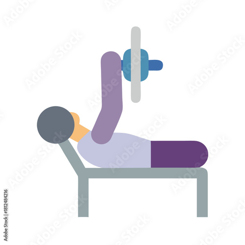 Minimalist illustration of weightlifter bench pressing barbell on black background in flat design.