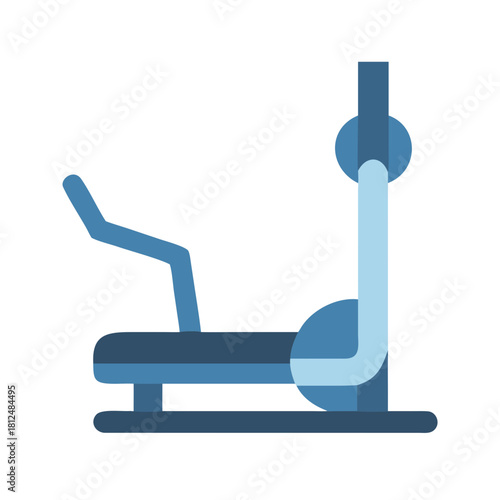 Stylized blue exercise bike icon on a black background. Fitness equipment flat design