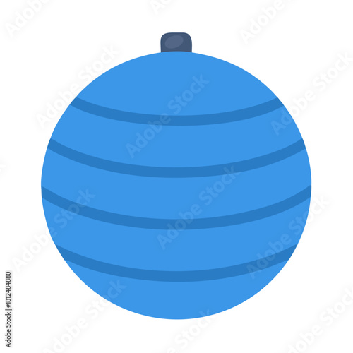 Blue Christmas ornament with horizontal stripes against a black background, flat style