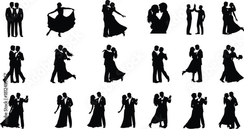 Set of black silhouettes of wedding couples dancing and embracing, including bride, groom, and partners, isolated on white background for marriage design.