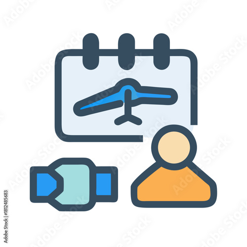 Flat vector icon depicting calendar with a hang glider for scheduling skydiving