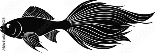 Set of stylized black fish silhouettes featuring swordfish and ornamental goldfish with detailed flowing fins, vector illustration isolated on white background.