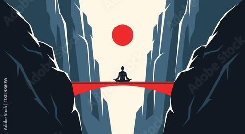 Vector illustration of a silhouette person meditating on a red bridge between steep cliffs under a red sun, representing peace and balance.