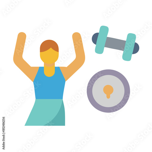 Cartoon graphic of woman lifting weights next to dumbbell and weight plate