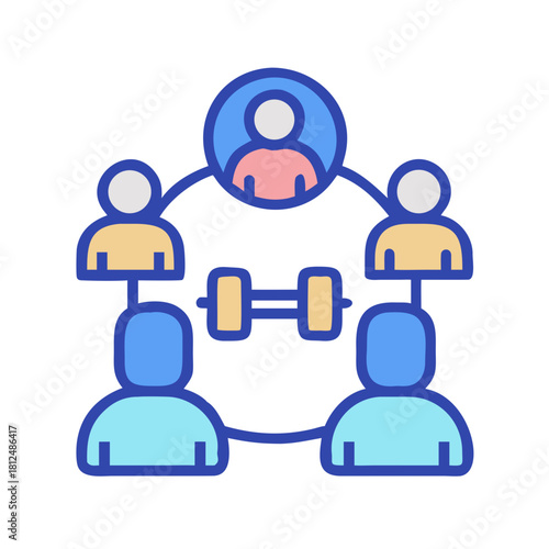 Teamwork training and fitness program icon connecting coach and clients in collaboration