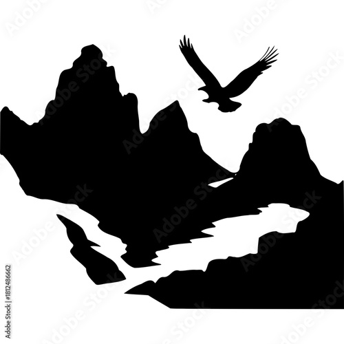 Eagle flying over mountain range silhouette vector illustration art