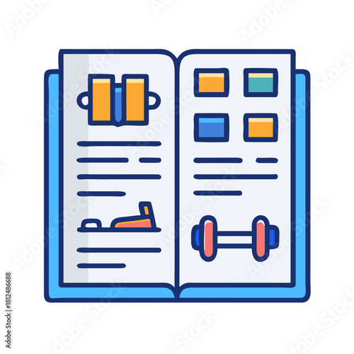 Open fitness book vector illustration showing various exercises and workout plans