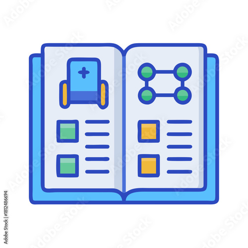Blue book illustration showing a schematic on medical equipment and connections design