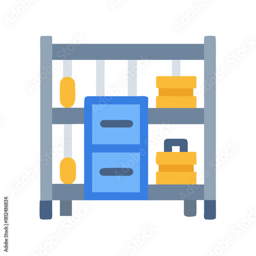 Storage shelf with drawers and objects, perfect for organizing and efficient workflows