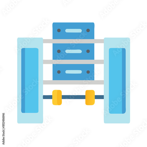 Stylized server rack illustration with blue panels and central processing units