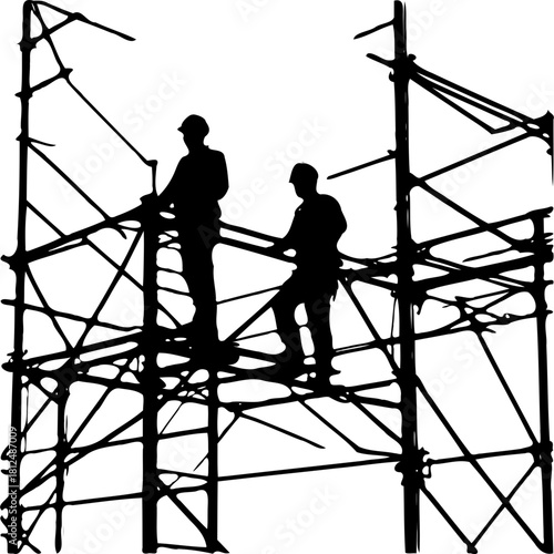 Construction workers silhouette on scaffolding building construction site