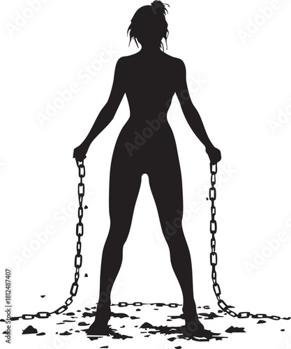 Powerful Woman Breaking Free from Heavy Chains Silhouette Vector Illustration Freedom Empowerment