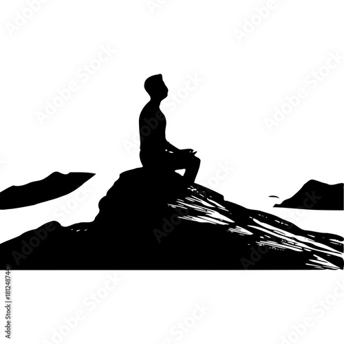 Silhouette of man meditating on rock overlooking ocean landscape vector