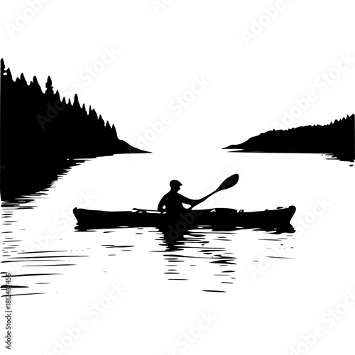 Kayaking adventure silhouette vector on lake with trees and mountains